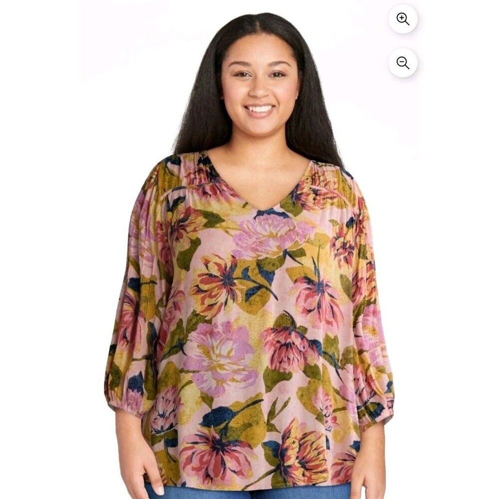 Terra & Sky Women's Plus Size 2X Vintage Floral Poet Sleeve Blouse Romantic